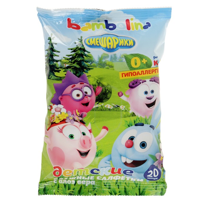 Салфетки для детей Bambolina "Смешарики" с экстрактом алоэ, 20 шт