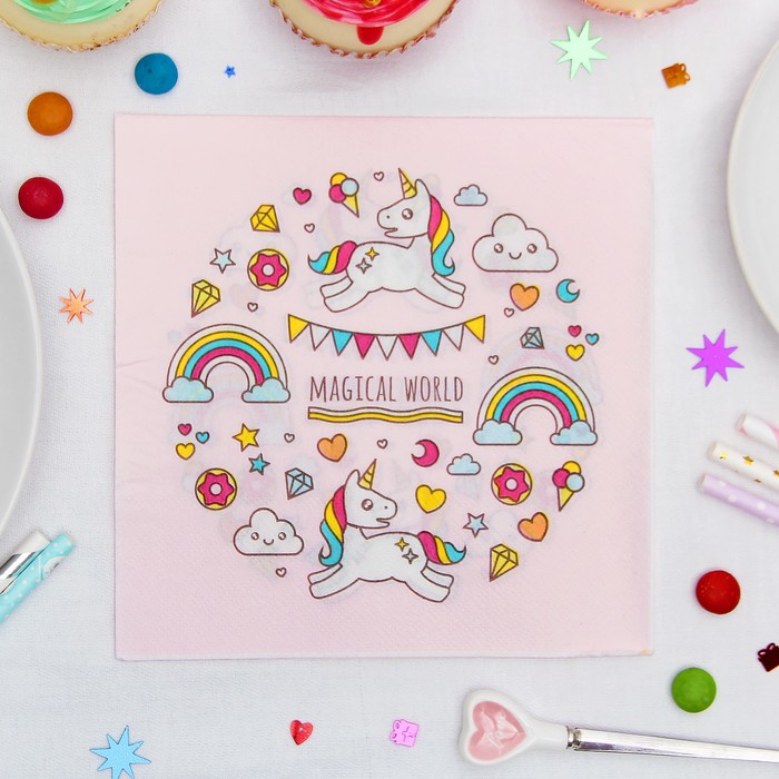 Салфетки бумажные "Единорожка и радуга" (набор 20 шт) 33*33 см