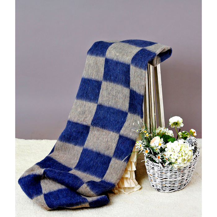 Одеяло полушерстяное, 500 г/м2, 140х205 клетка синий, 70% шерсть, 30% лавсан