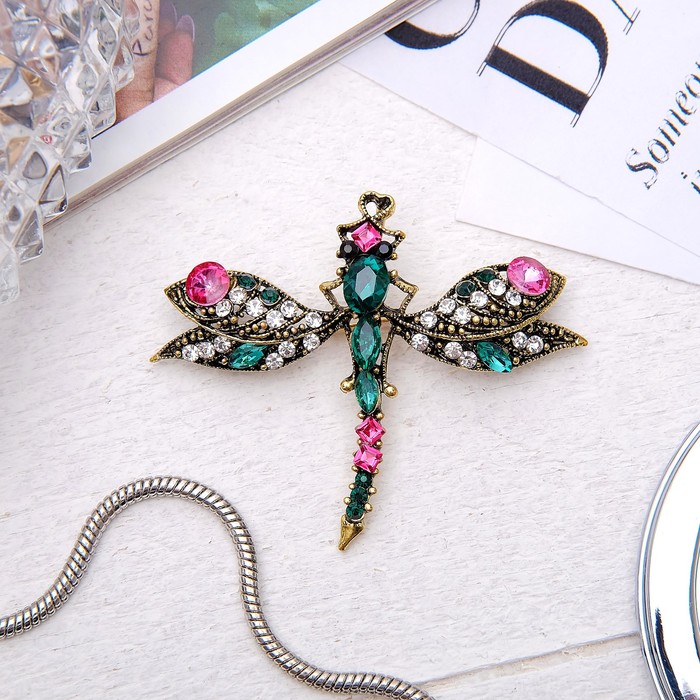 Брошь "Стрекоза инкрустированная", цветная в черненом золоте