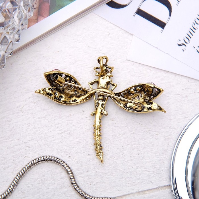 Брошь "Стрекоза инкрустированная", цветная в черненом золоте