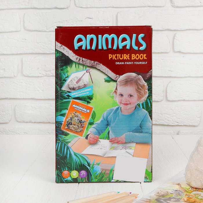 Набор для проведения раскопок "Животные" раскраска + 6 цветов карандашей