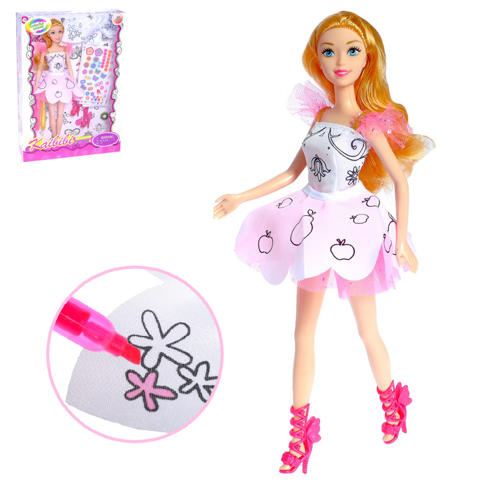 Кукла модель "Лиза" в платье для рисования, с наклейками и аксессуаром, МИКС