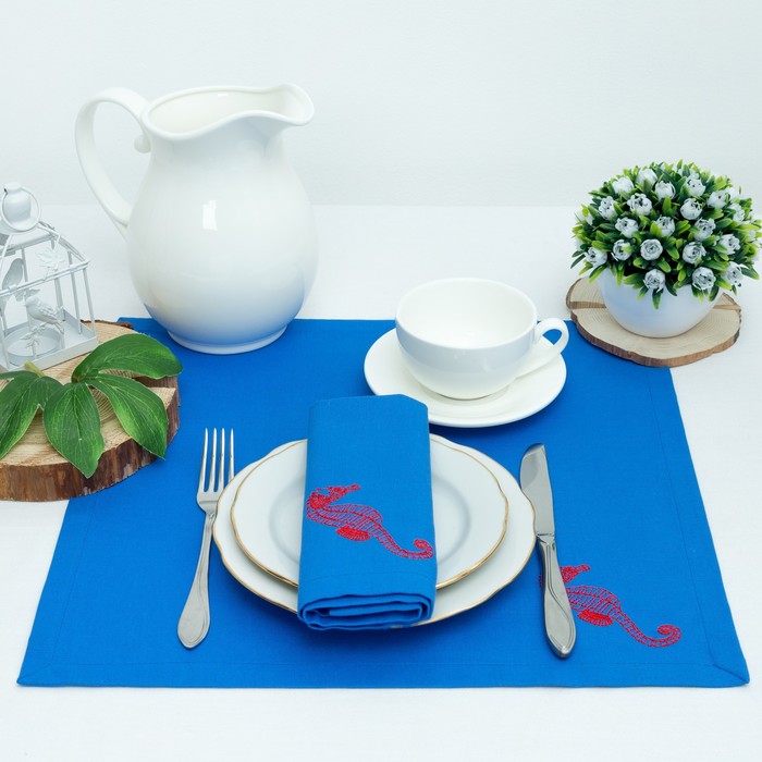 Салфетка "Этель"Конёк 40*40 -2шт, саржа, цв. Синий, 100% хл, 200 гр/м2