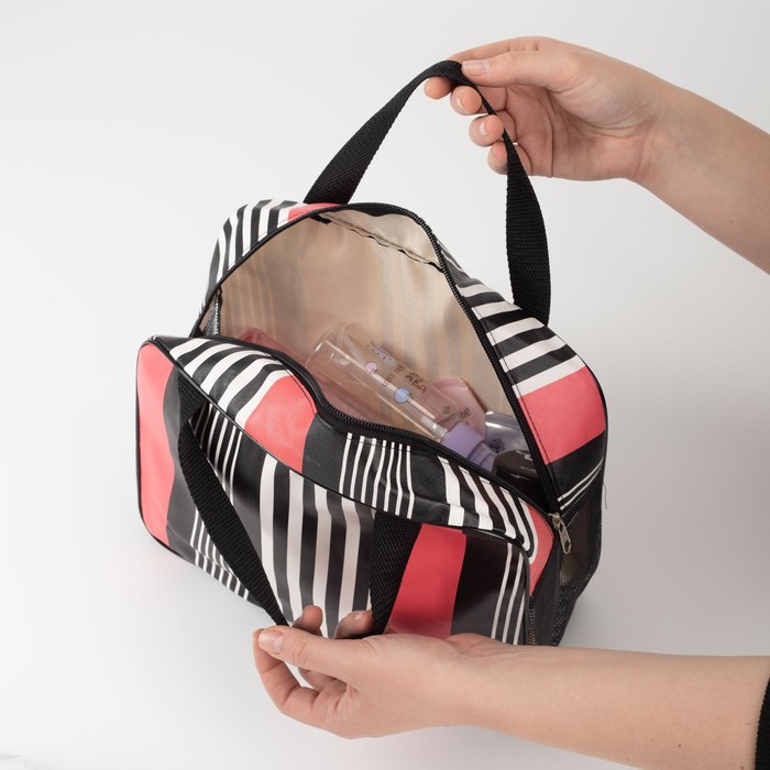 Косметичка-сумочка "Полоски", отдел на молнии, ручки, цвет розовый