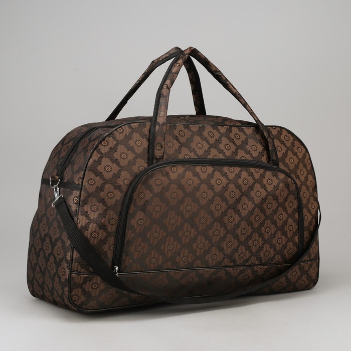 Сумка дорожная, отдел на молнии, наружный карман, длинный ремень, принт коричневый/орнамент