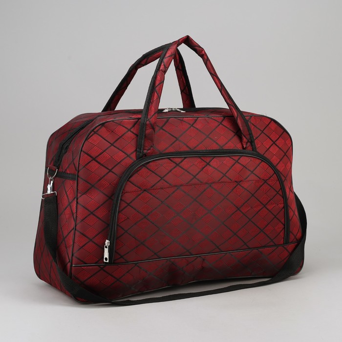 Сумка дорожная, отдел на молнии, наружный карман, длинный ремень, принт бордовый/ромбы
