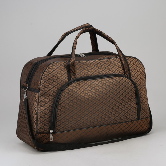 Сумка дорожная, отдел на молнии, наружный карман, длинный ремень, принт коричневый/орнамент