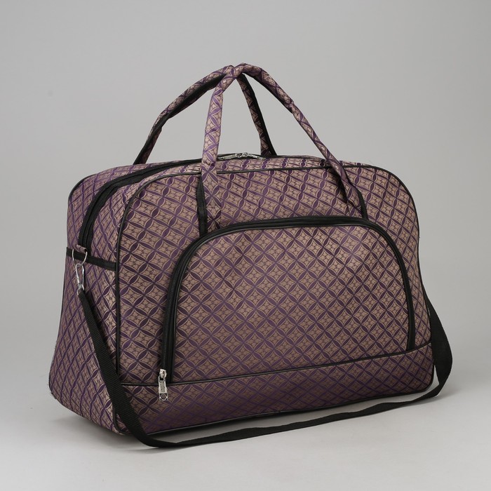 Сумка дорожная, отдел на молнии, наружный карман, длинный ремень, принт коричневый/ромбы