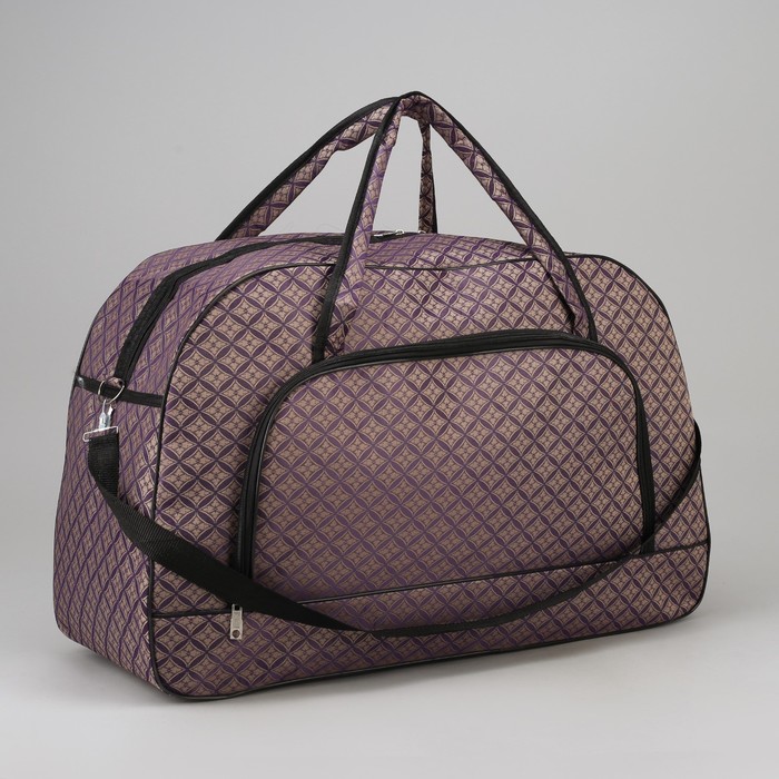 Сумка дорожная, отдел на молнии, наружный карман, длинный ремень, принт коричневый/ромбы