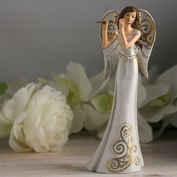 Сувенир полистоун "Ангел-девушка флейта в белом платье с узорами" 20,5х7х5,5 см