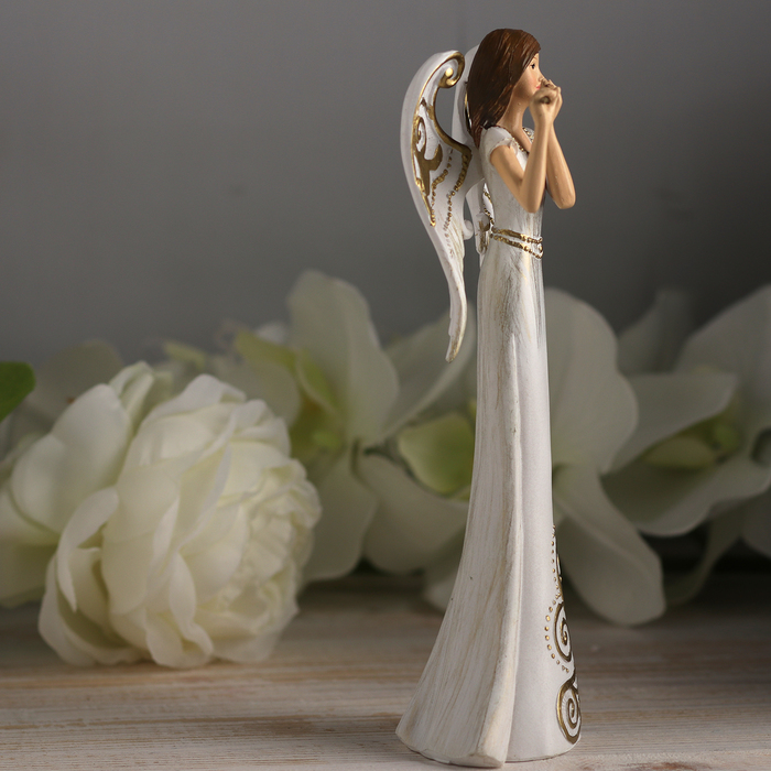 Сувенир полистоун "Ангел-девушка флейта в белом платье с узорами" 20,5х7х5,5 см