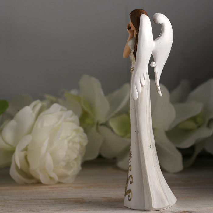 Сувенир полистоун "Ангел-девушка флейта в белом платье с узорами" 20,5х7х5,5 см