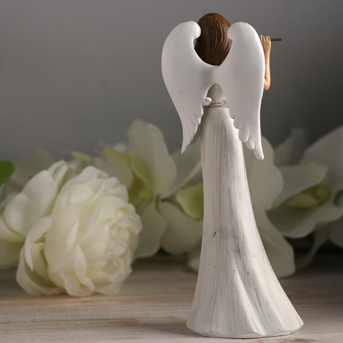 Сувенир полистоун "Ангел-девушка флейта в белом платье с узорами" 20,5х7х5,5 см