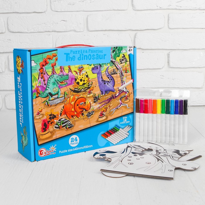Раскраска-пазл 24 детали "Динозавры" 12 фломастеров, размер собранного 64 на 90 см