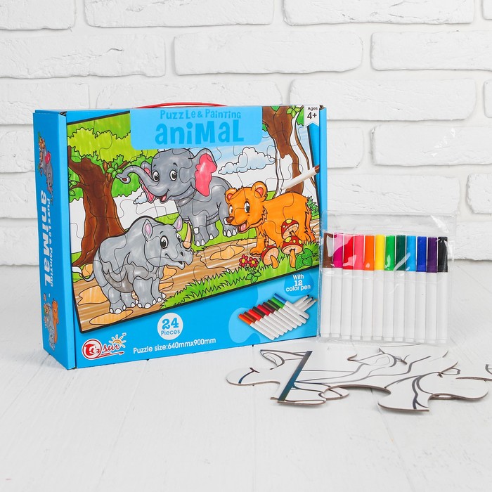 Раскраска-пазл 24 детали "Животные" 12 фломастеров, размер собранного 64 на 90 см