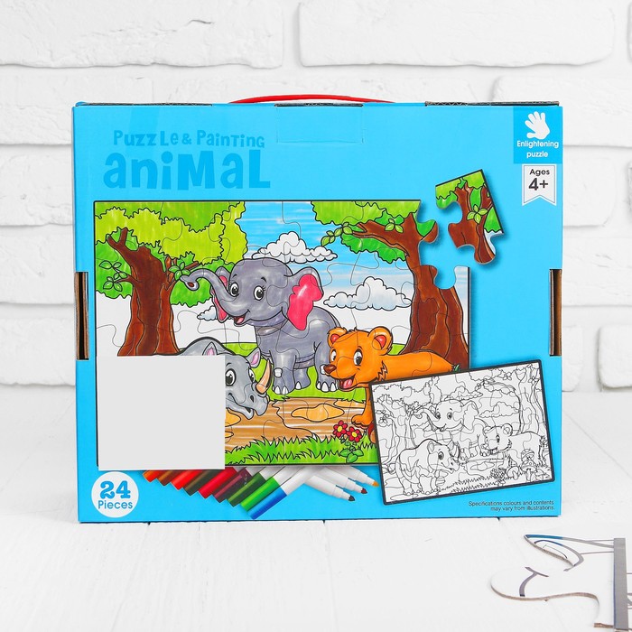 Раскраска-пазл 24 детали "Животные" 12 фломастеров, размер собранного 64 на 90 см