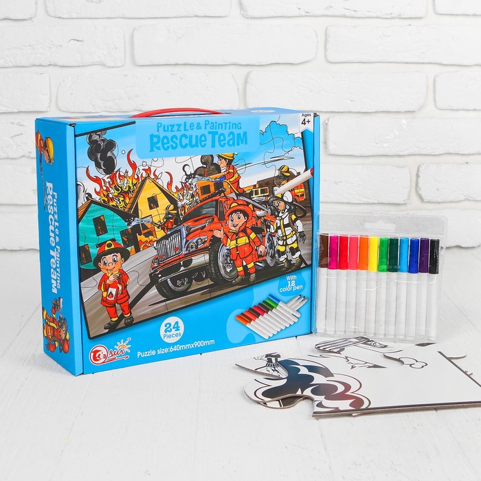 Раскраска-пазл 24 детали "Пожарная команда" 12 фломастеров, размер собранного 64 на 90 см