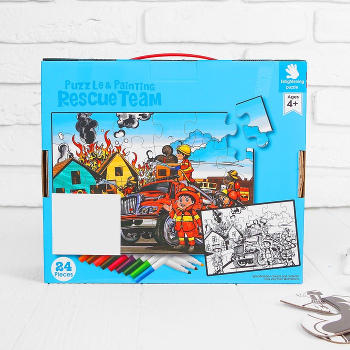 Раскраска-пазл 24 детали "Пожарная команда" 12 фломастеров, размер собранного 64 на 90 см