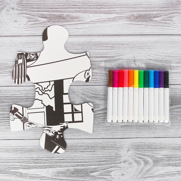 Раскраска-пазл 24 детали "Пожарная команда" 12 фломастеров, размер собранного 64 на 90 см