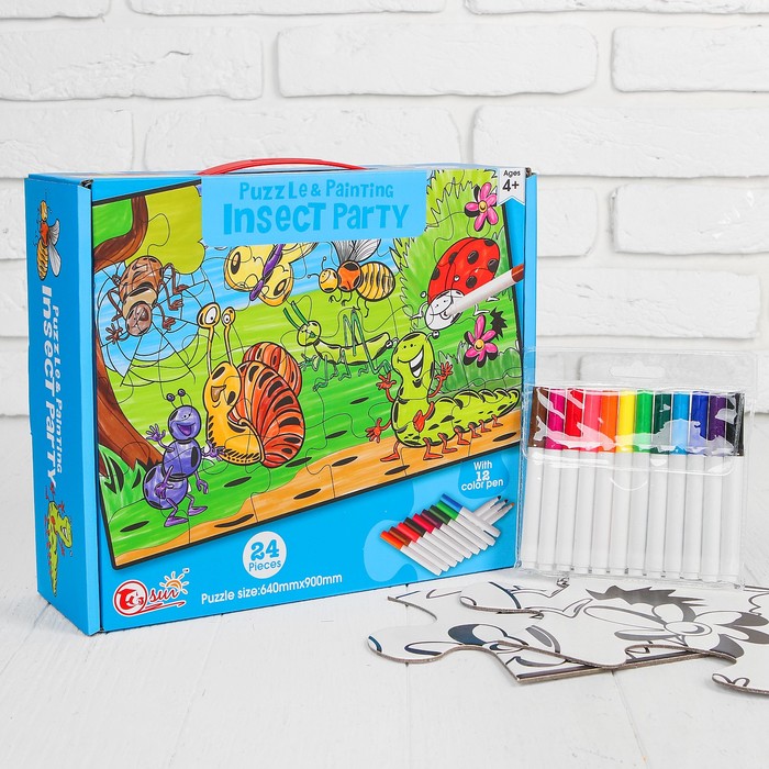 Раскраска-пазл 24 детали "Насекомые" 12 фломастеров, размер собранного 64 на 90 см