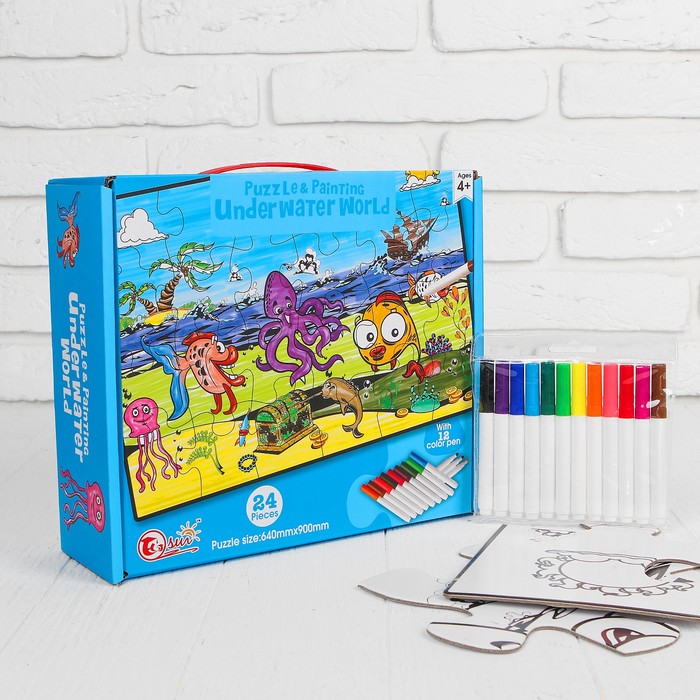 Раскраска-пазл 24 детали "Подводные жители" 12 фломастеров, размер собранного 64 на 90 см
