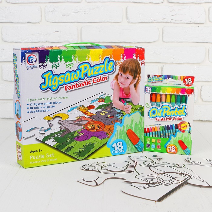 Раскраска-пазл 12 деталей "Звери Африки" пастель 18 шт, размер собранного 87 на 53,3 см