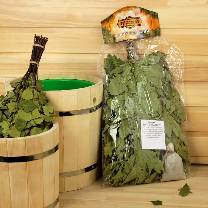 Веник для бани ЭКСТРА из кавказского дуба + запарка ЭВКАЛИПТ (30гр)