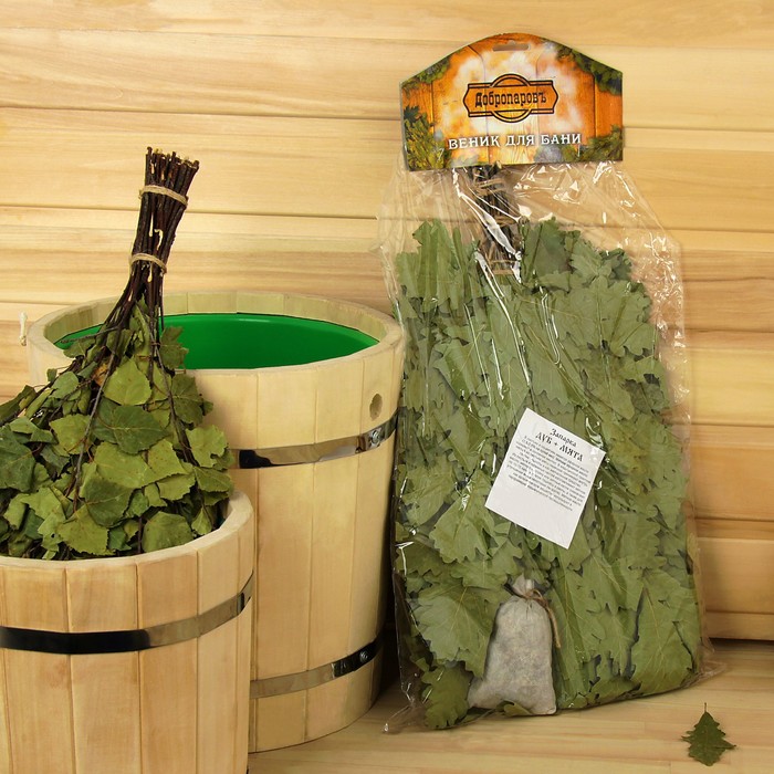 Веник для бани ЭКСТРА из кавказского дуба + запарка МЯТА (30гр)