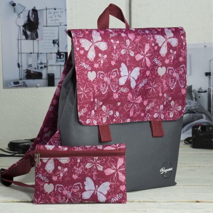 Рюкзак молодёжный, с косметичкой, отделы на молнии, цвет серый/бордовый