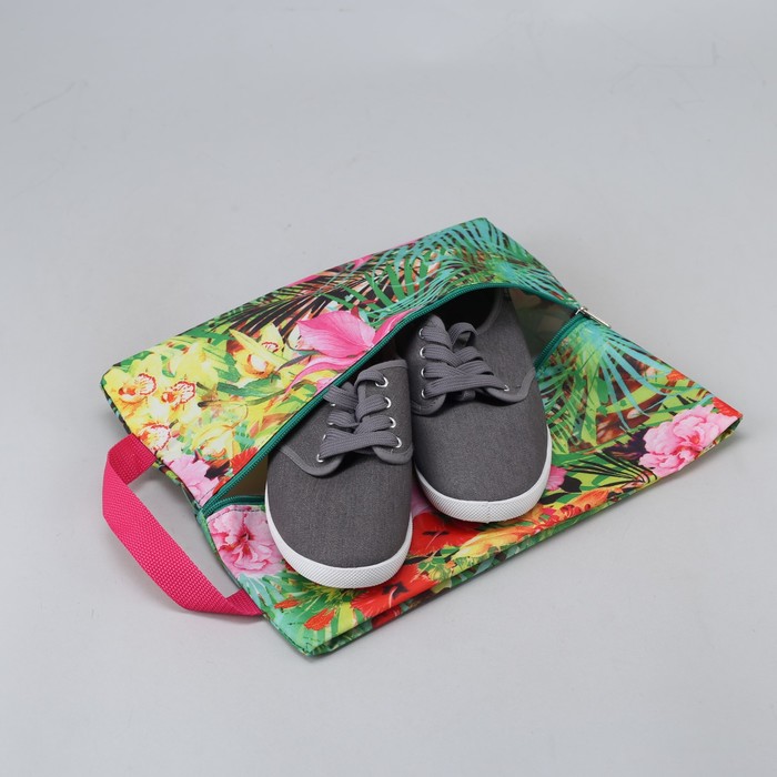 Сумка для обуви "Цветы", отдел на молнии, цвет зелёный/розовый