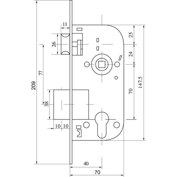 Замок врезной Fuaro SET F1611 AB, с ручкой, цвет бронза