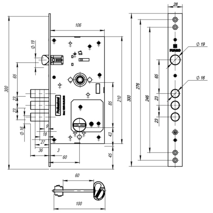 Замок врезной Fuaro V25/S-60.85.3R16, сувальдный, с защелкой, 4 ключа