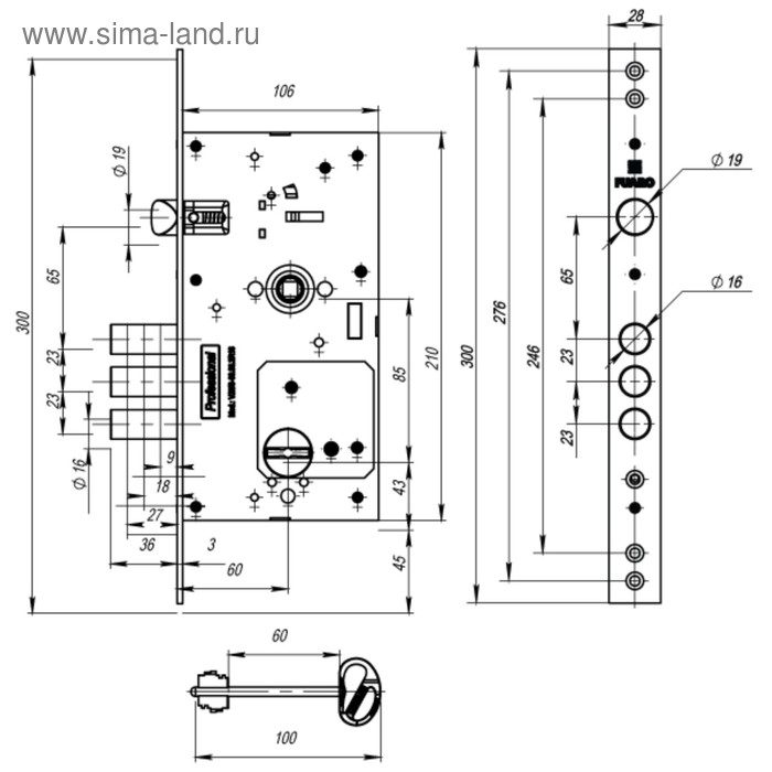 

Замок врезной Fuaro V25/S-60.85.3R16, сувальдный, с защелкой, 4 ключа