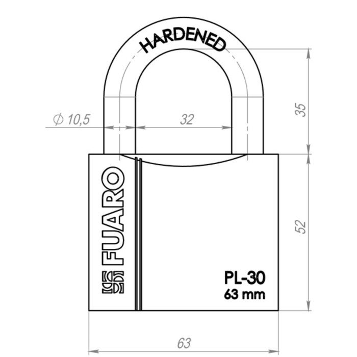 Замок навесной Fuaro PL-3063, 63 мм, 3 английских ключа