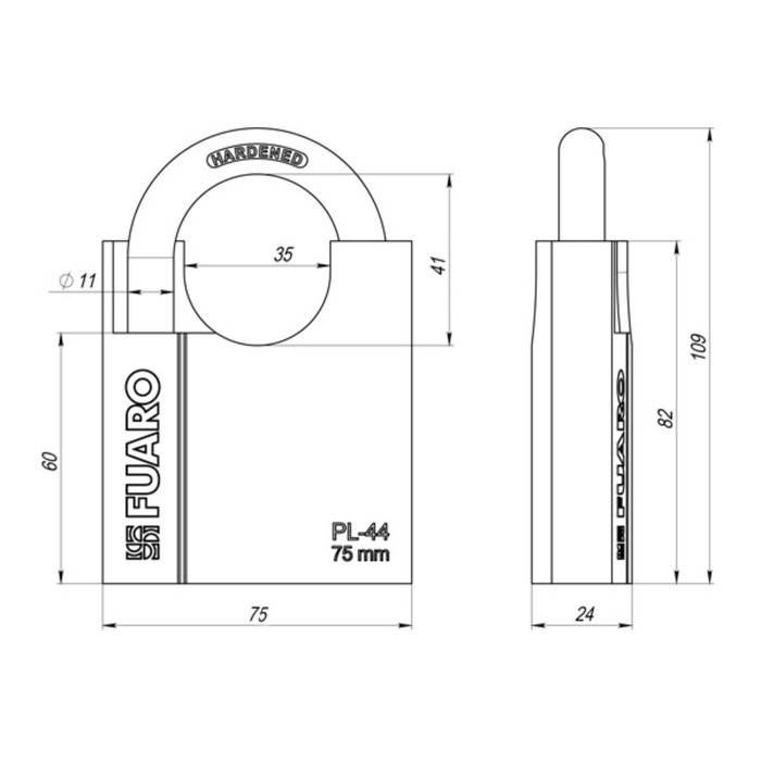 Замок навесной Fuaro PL-4475, 75 мм, 3 английских ключа