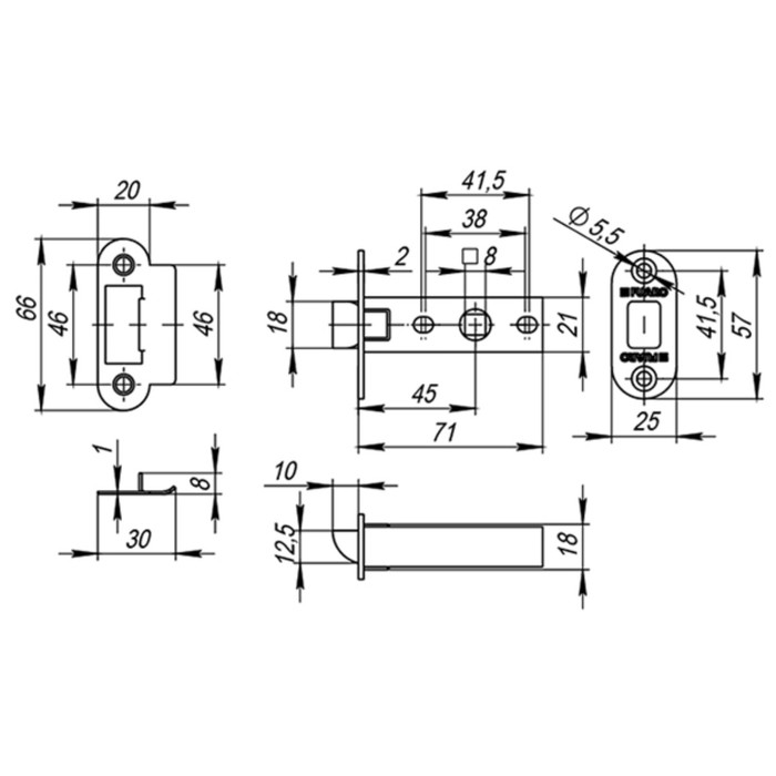Защелка врезная Fuaro PLASTIC P22-45-25 GP, цвет латунь