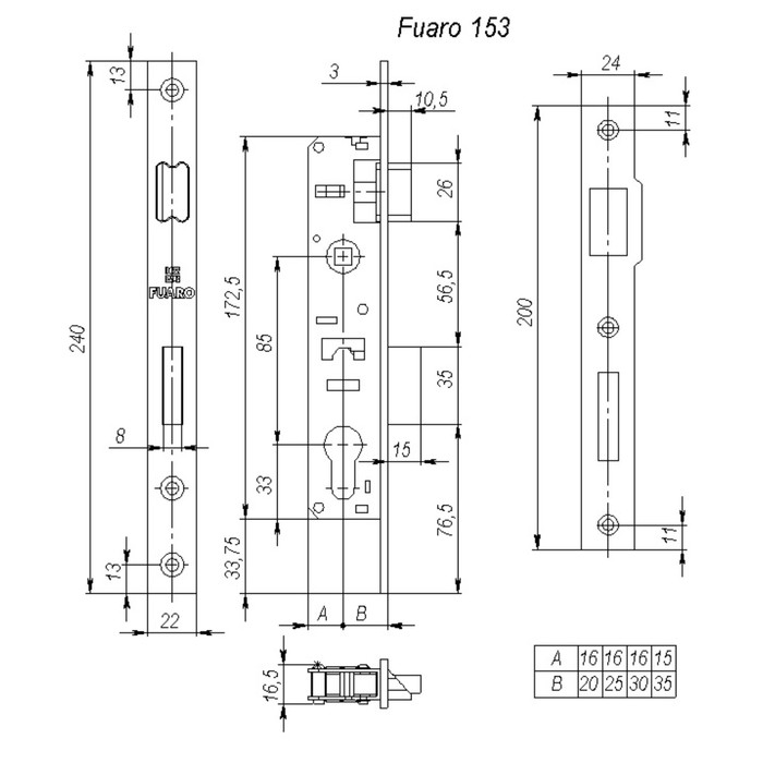 Корпус узкопрофильного замка Fuaro 153-30/85 CP, с защелкой, м/о 85 мм, цвет хром