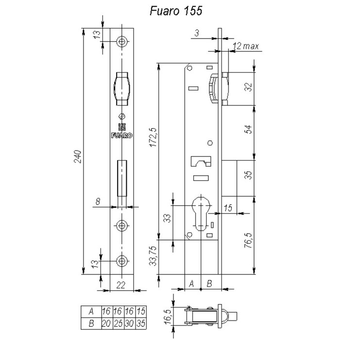 Корпус узкопрофильного замка Fuaro 155-25 CP, с роликом, цвет хром