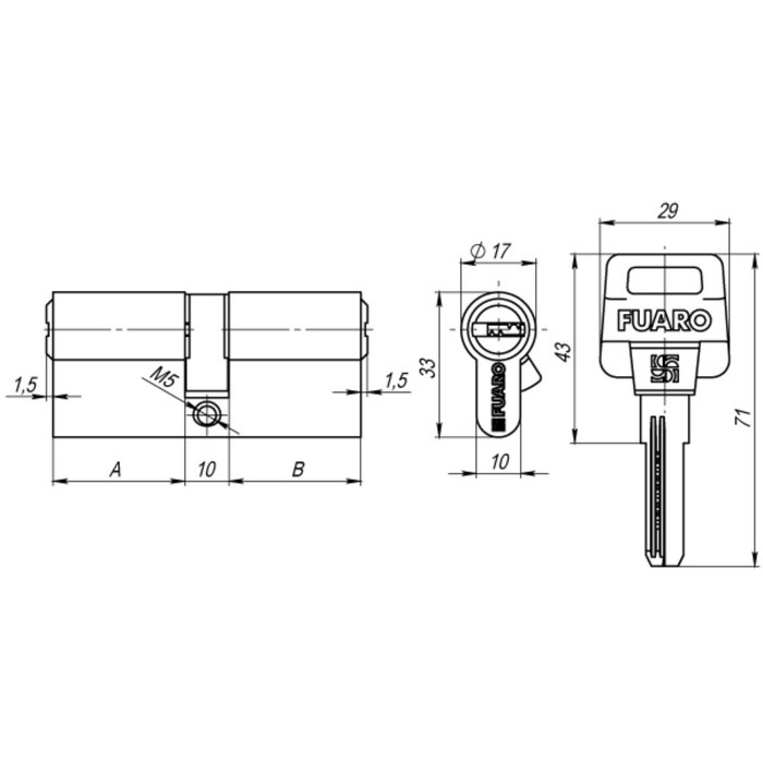 Цилиндровый механизм Fuaro D500/80 (30х10х40) PB, 5 ключей, цвет латунь