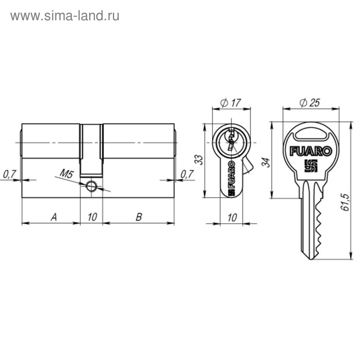 фото Цилиндровый механизм fuaro r300/60 (25х10х25) cp, 5 ключей, цвет хром