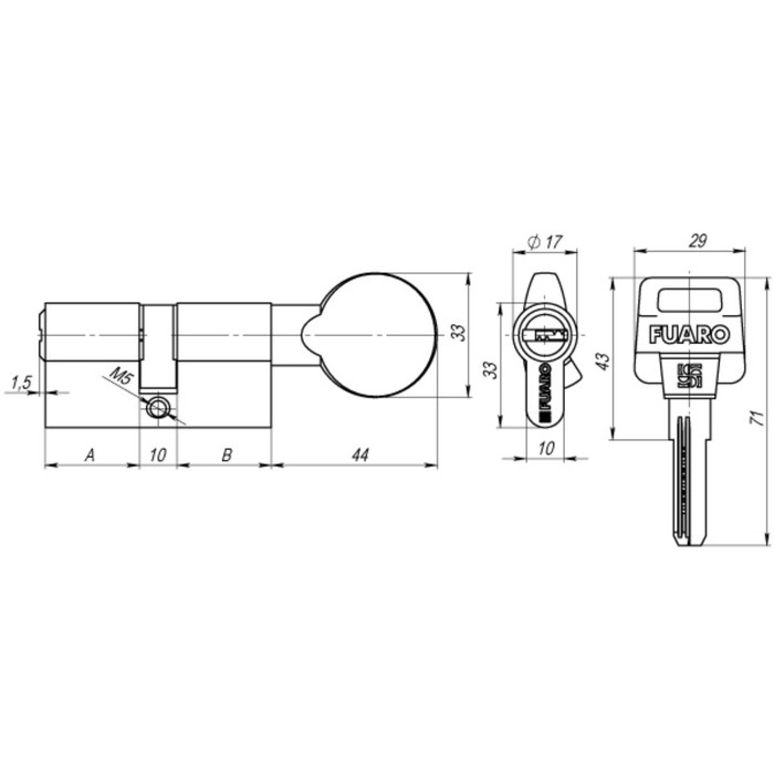 Цилиндровый механизм Fuaro D502/80 (35х10х35) CP, с вертушкой, 5 ключей, цвет хром