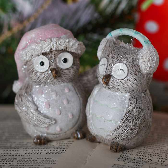 Сувенир полистоун "Зимние совушки" набор 2 шт 9,5х7х4,5 см