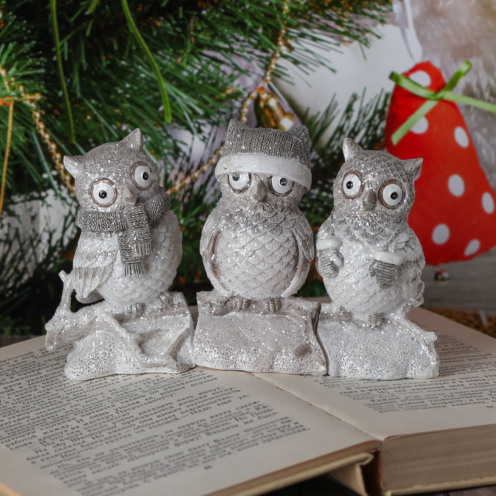 Сувенир полистоун "Совушки на брёвнышке" набор 3 шт 10х15,5х6,5 см