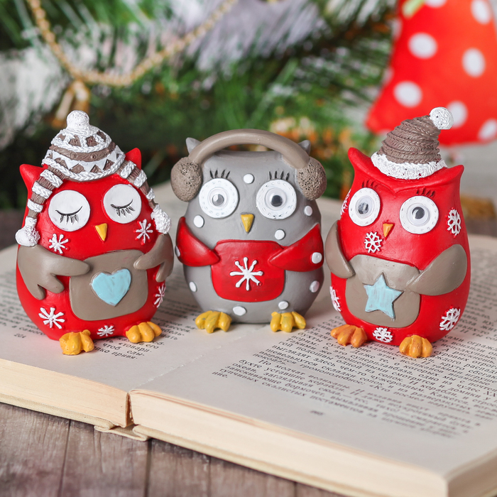 Сувенир полистоун "Совята в снежинках" набор 3 шт 8х16х5 см
