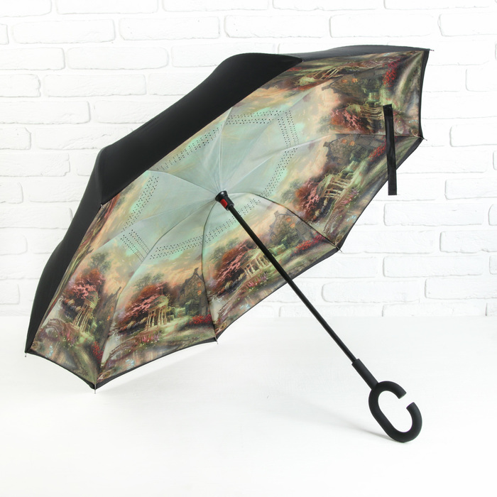 Зонт наоборот "Цветущий сад", механический, R=53см, цвет бежевый/чёрный