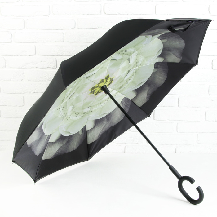 Зонт наоборот "Пышный цветок", механический, R=53см, цвет белый/чёрный