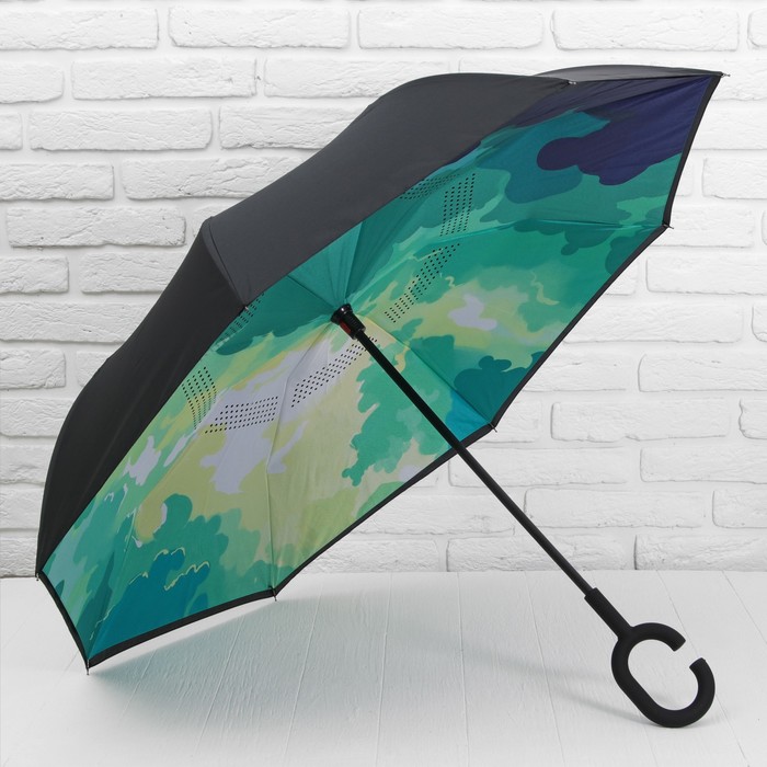 Зонт наоборот "Лесная сказка", механический, R=53см, цвет зелёный/чёрный