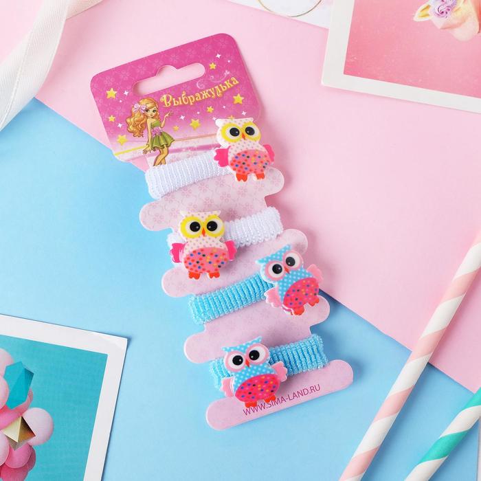 Резинка для волос "Кроха" набор 4 штуки сова белый, голубой