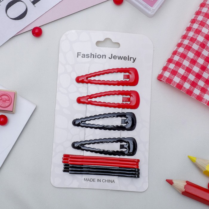 Набор невидимок для волос "Волны" (набор 10 шт) 6,5 см, 5 см, красный, чёрный